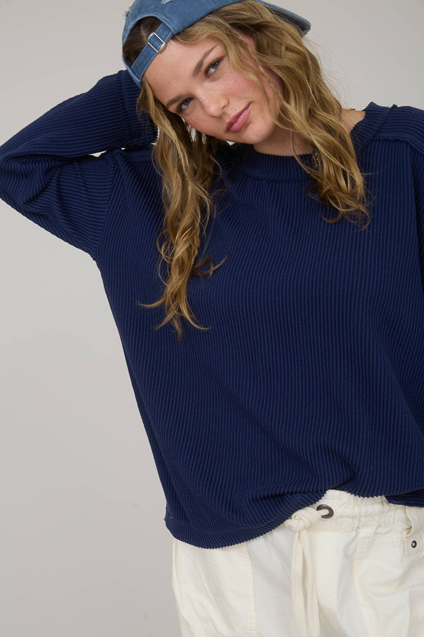 CREW NECK RIBBED LONG SLEEVE KNIT TOP (PRE-ORDER)