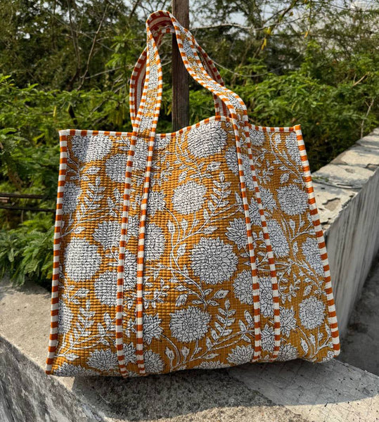 Shelby Indian Cotton Shoulder Bag Quilted Floral Printed Market Bag