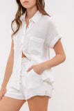 Evergreen Crinkle Collared Button Up