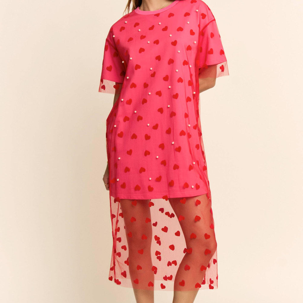 HEART MESH LAYERED T SHIRT DRESS