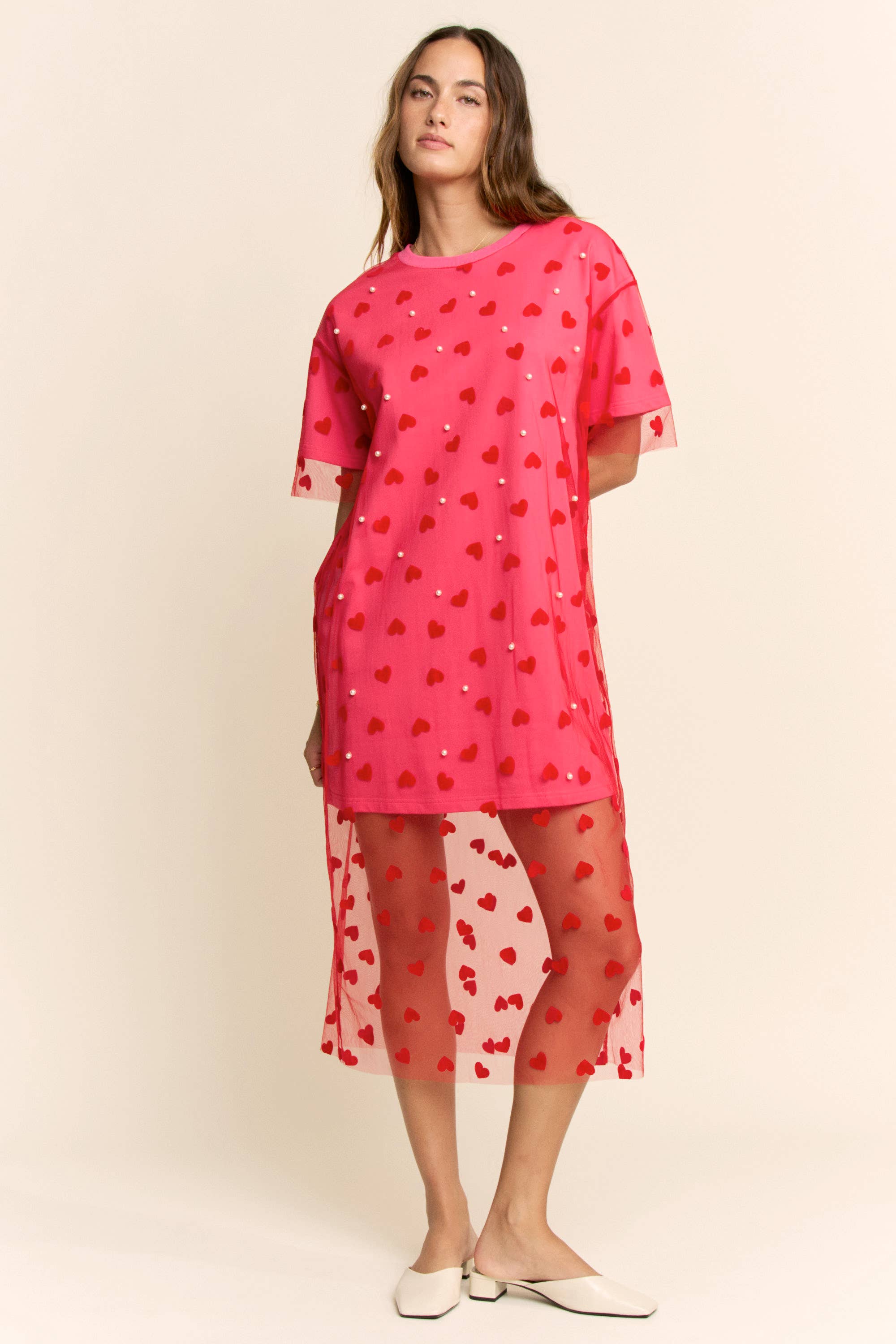 HEART MESH LAYERED T SHIRT DRESS