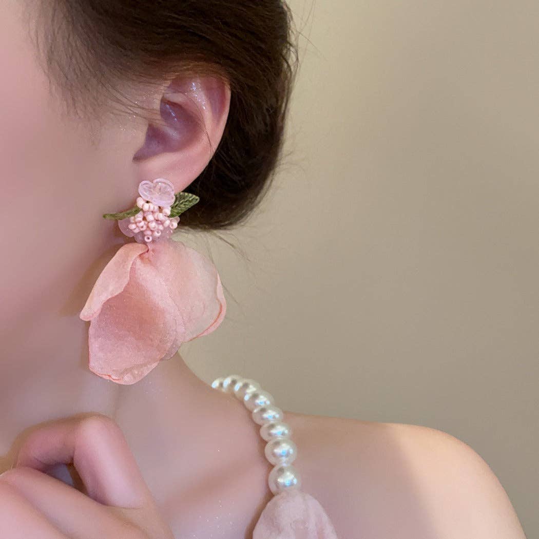 Pink Chiffon Petal Earrings – Delicate Floral Drops