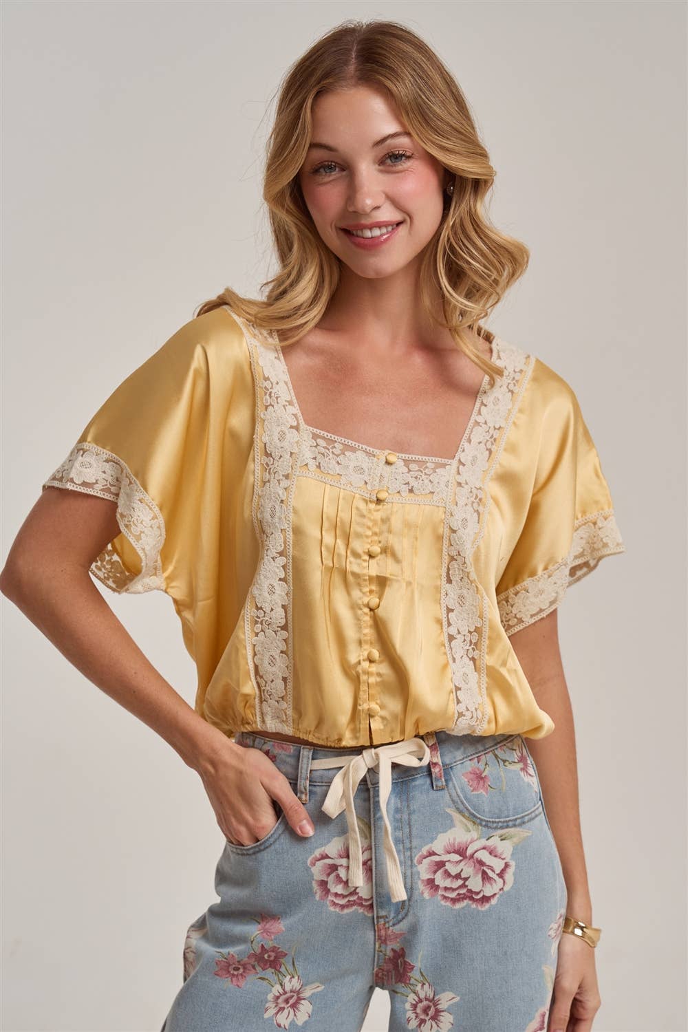 LACE TRIM SQUARE NECK SATIN BLOUSE TOP