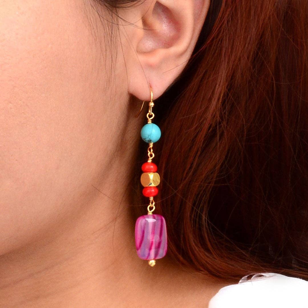 Guadalupe Pink Agate Golden Drop Earrings
