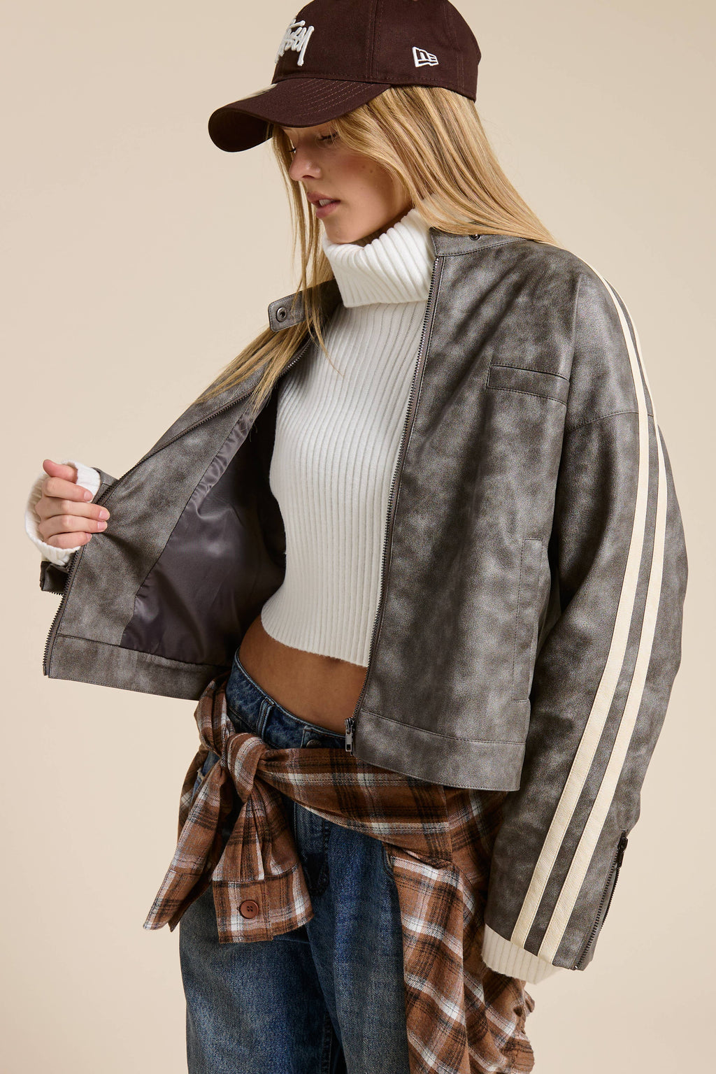 Washed Faux Leather Moto Jacket with Stripe Detail