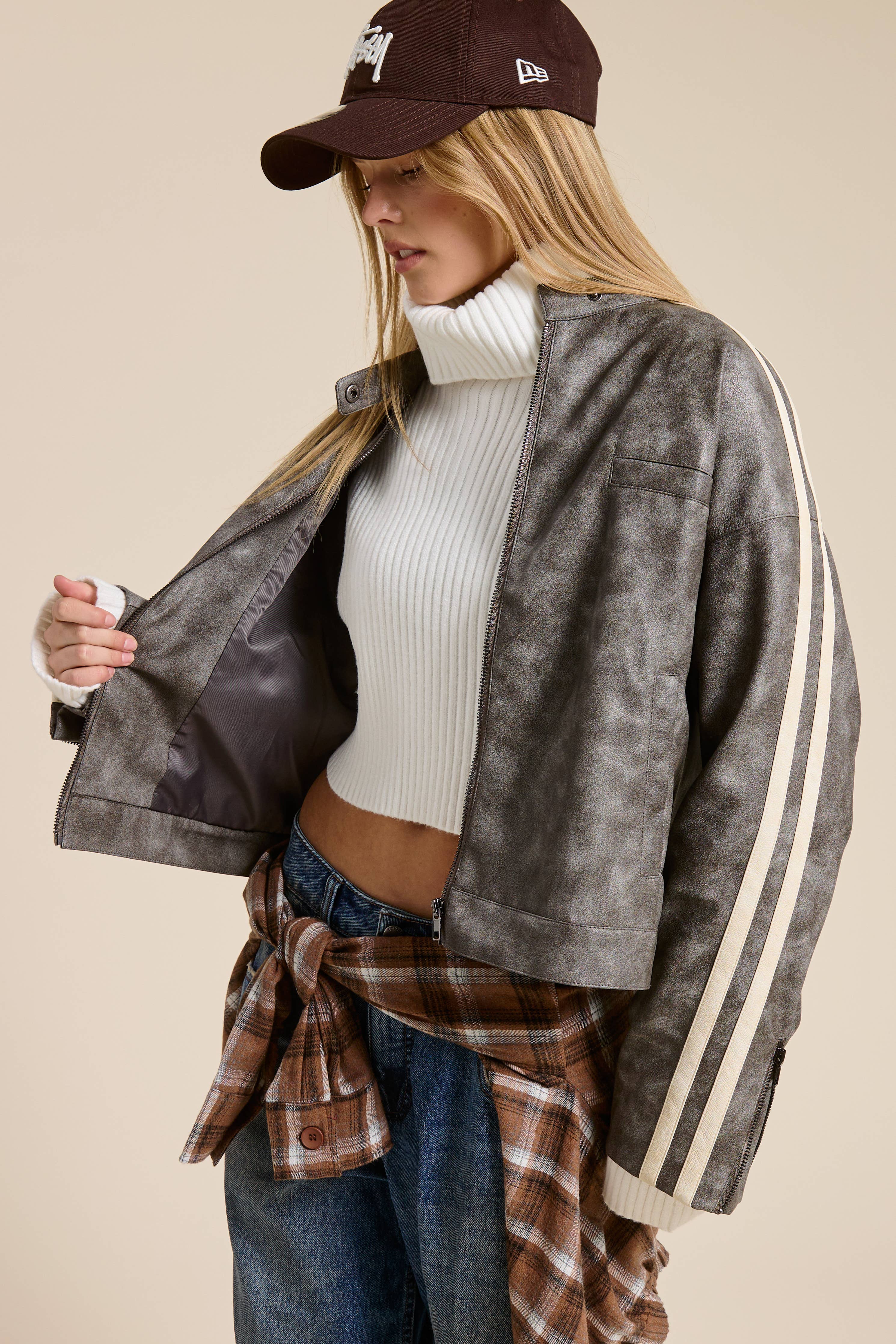 Washed Faux Leather Moto Jacket with Stripe Detail