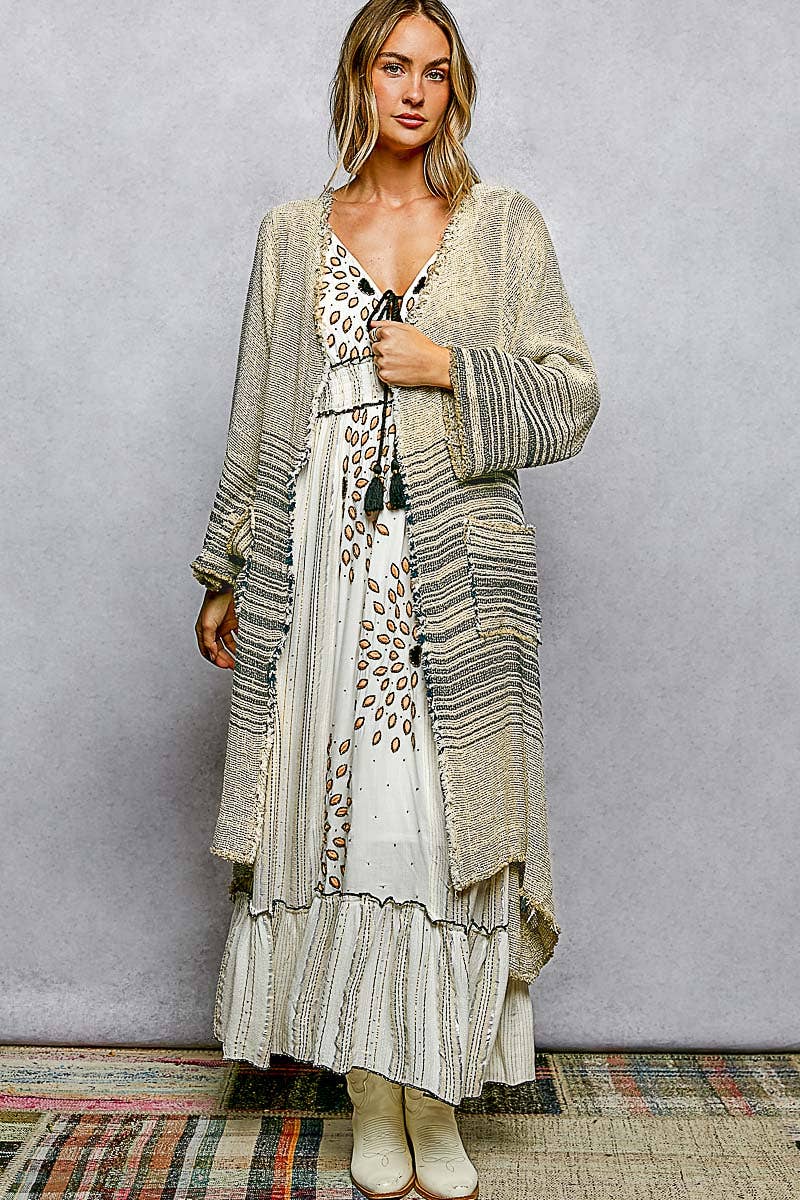 V-Neck Solid Stripe Linen Long Sleeve Cardigan