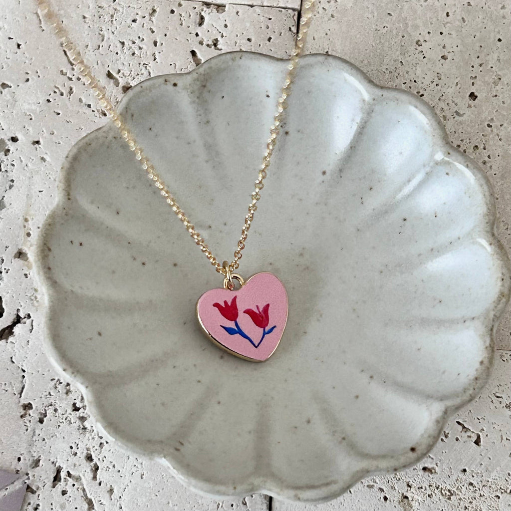 Flowers Heart shape pendant necklace 18k gold filled