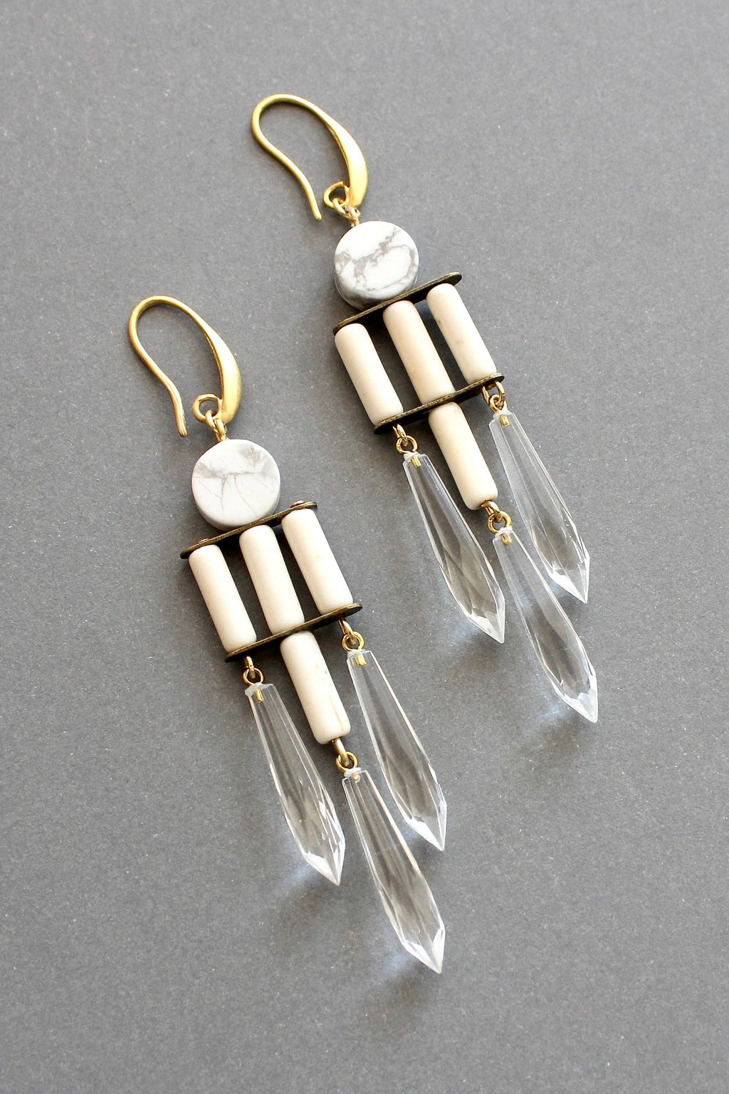 White and crystal geometric chandelier earrings