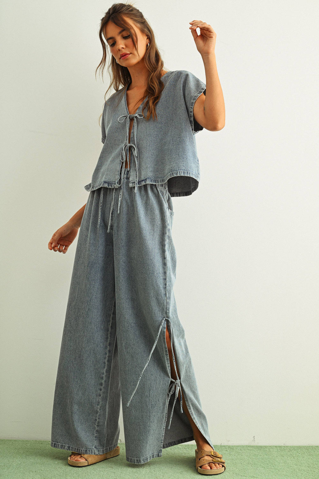 DENIM TIED FRONT BLOUSE