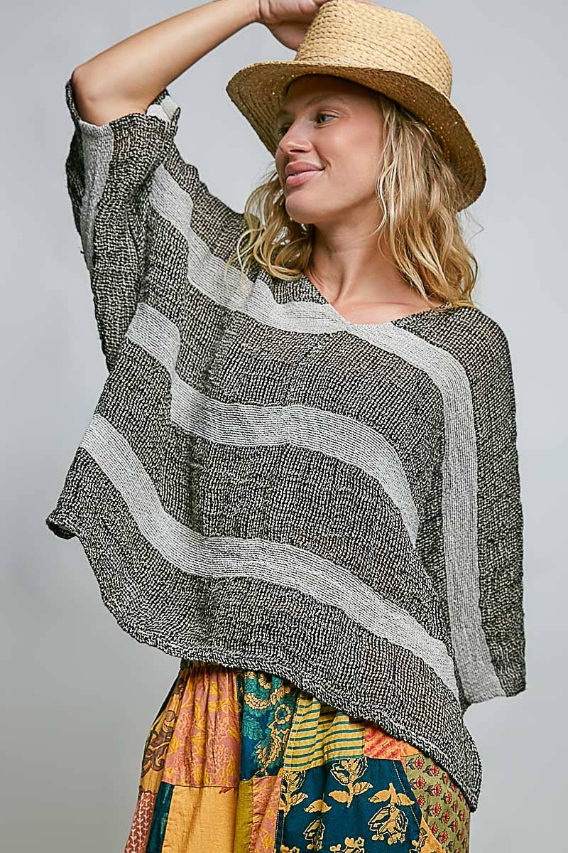 V Neck Short Sleeve Linen Stripe Pattern Woven Top