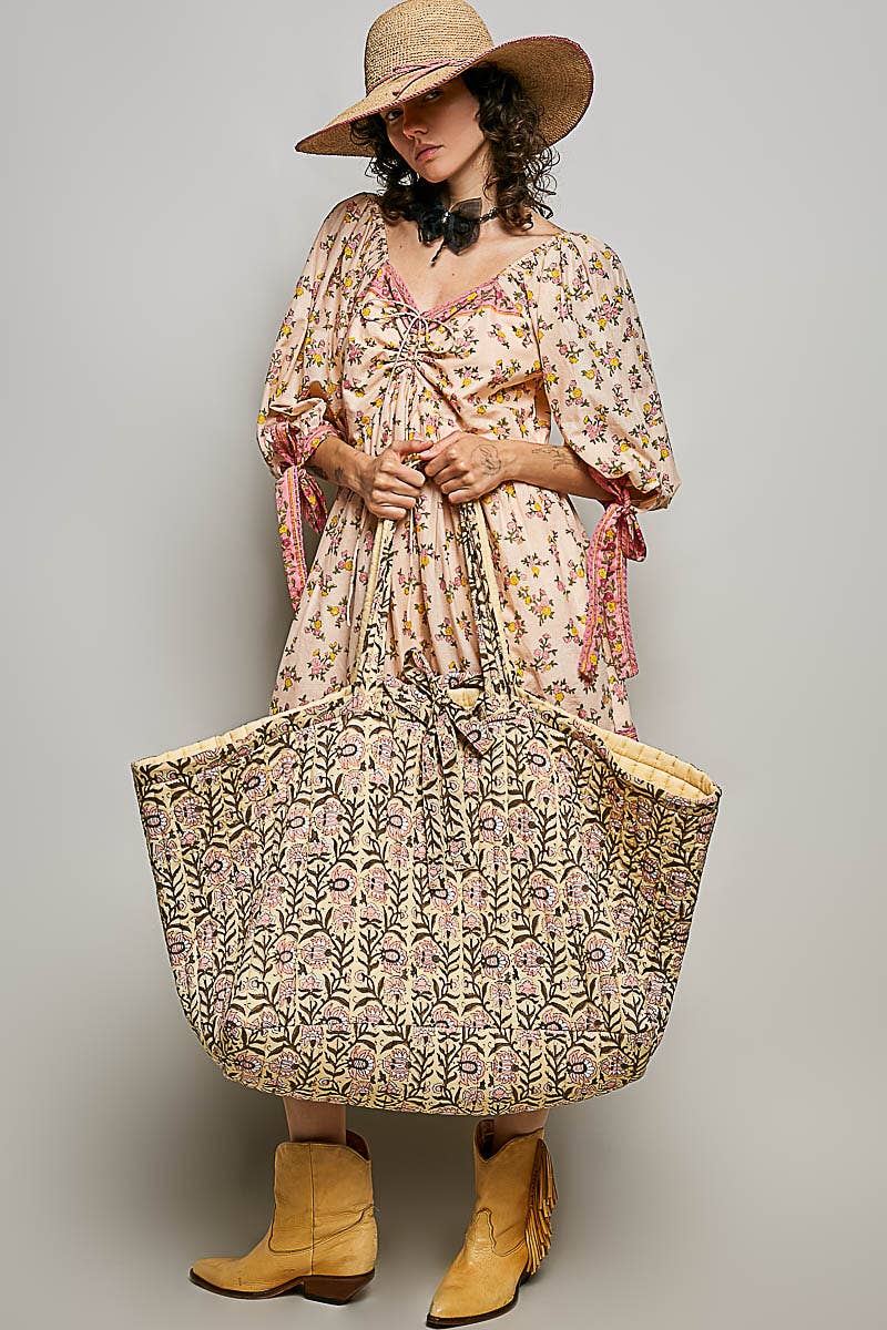 Ribbon-Tie Quilted Floral Jumbo Tote Bag
