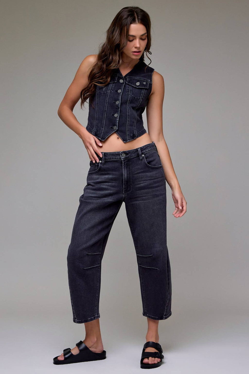 Medium Grey Stretch Cropped Barrel Jeans