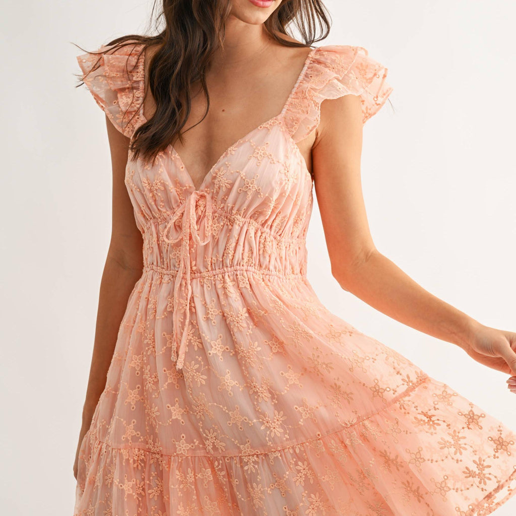 Chiffon Flutter Embroidered Sleeve Mini Dress