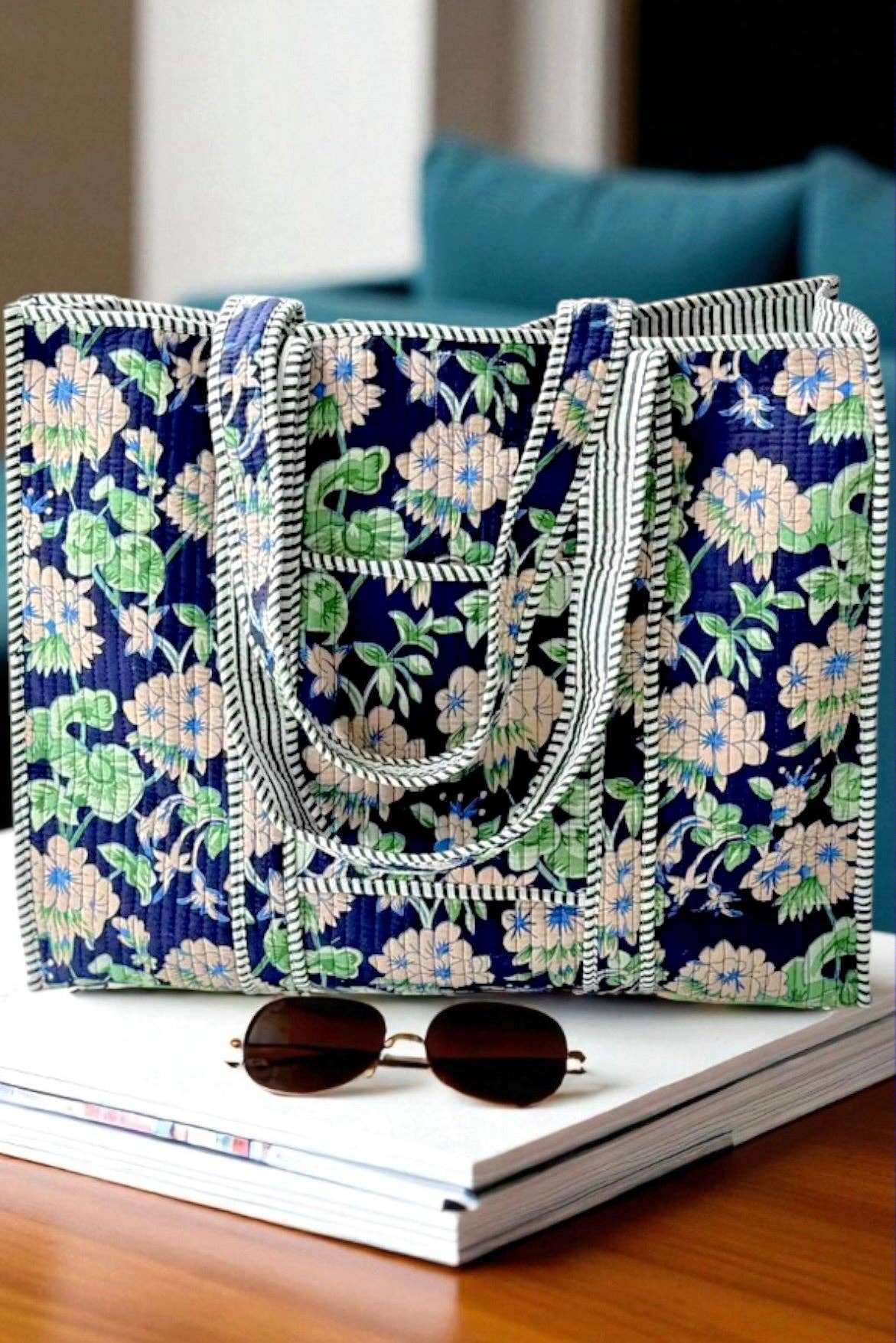 Merritt Navy Blue Floral Tote Bag