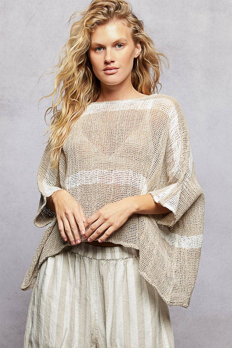 Stripe Round Neck Short Sleeve Crochet Top