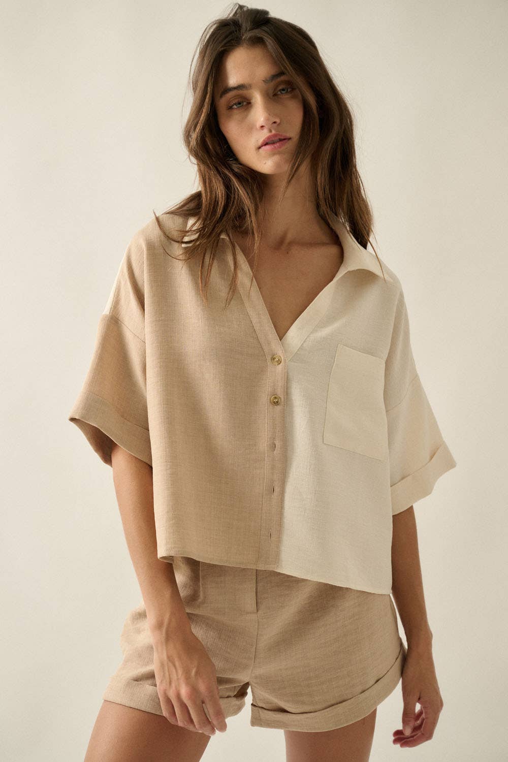 Woven Colorblock Button-Up Short-Sleeve Collared Shirt