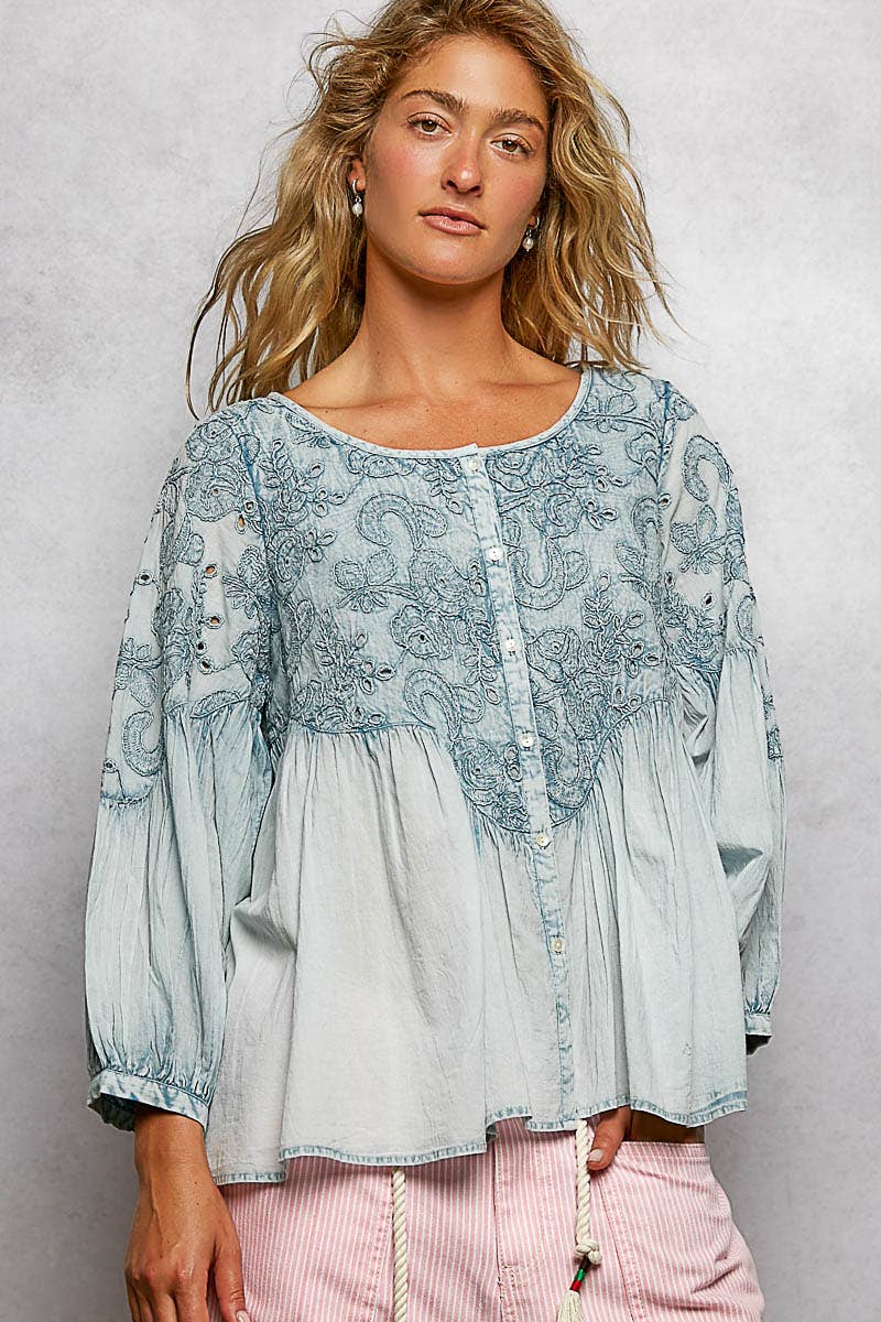 3/4 Sleeve Round Neck Vintage Washing Embroidered Shirt Top