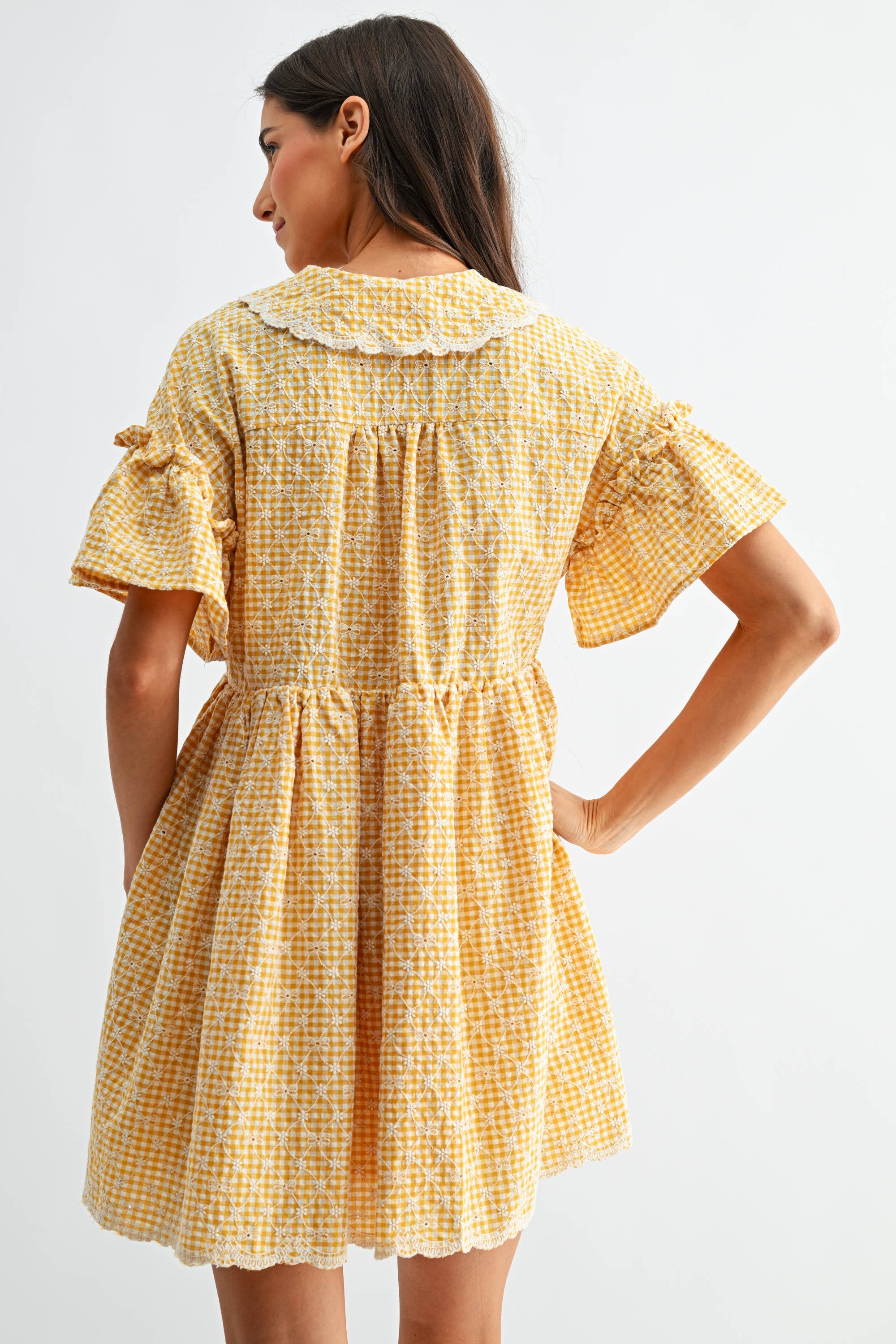 Sunny Days Gingham Lace-Trim Babydoll Dress