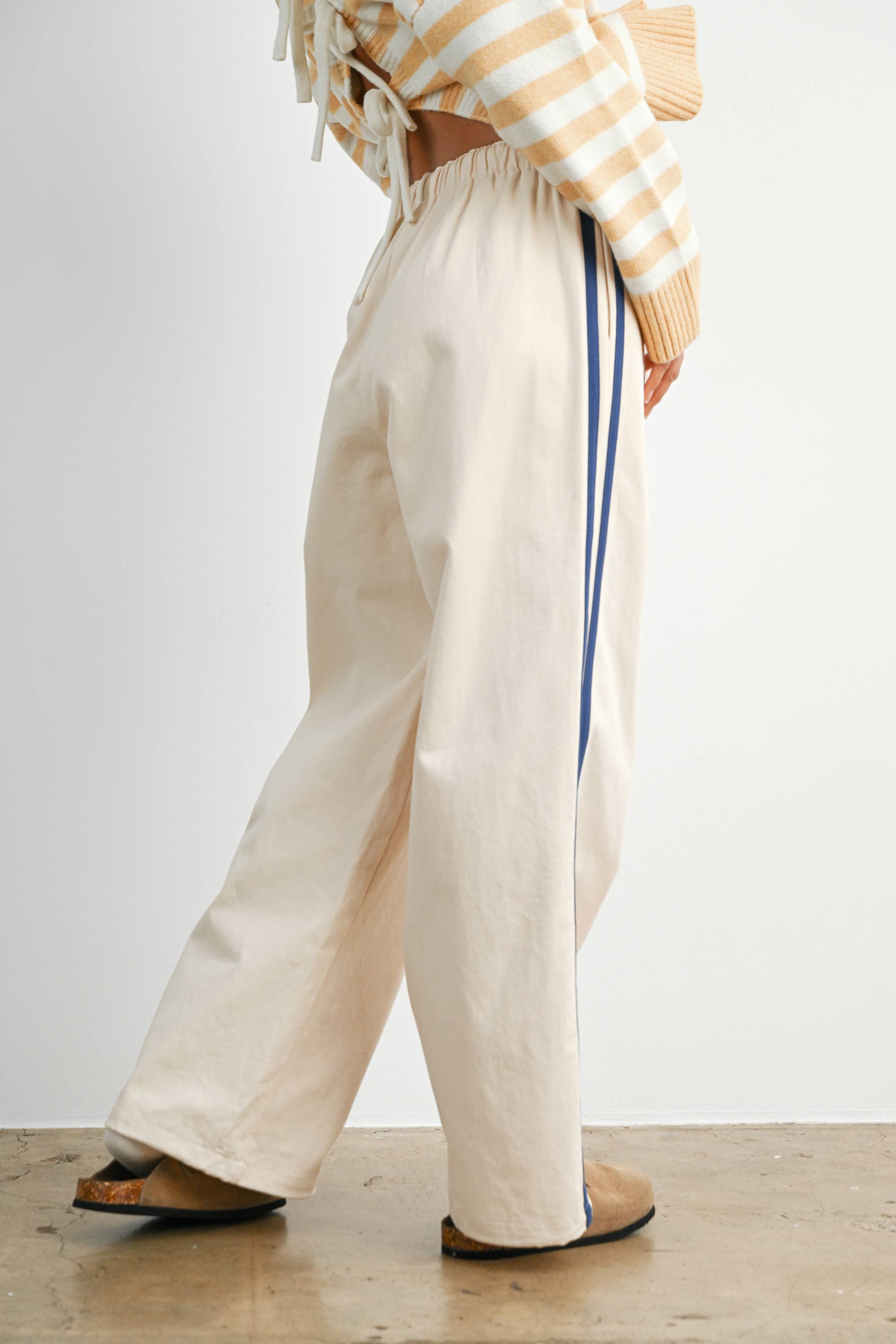 Striped Wide-Leg Drawstring Track Pants