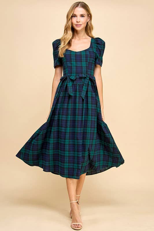 Sweet Heart Plaid Midi Dress with Bows