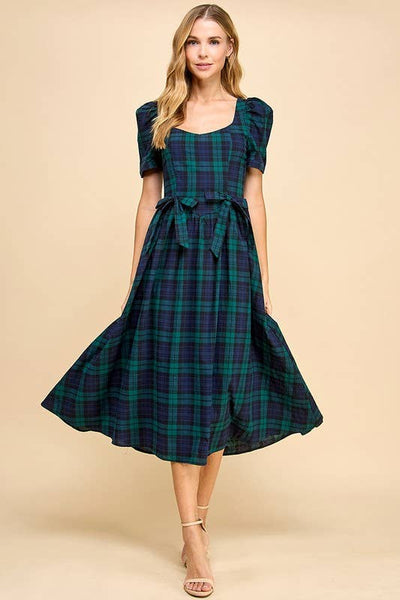 Sweet Heart Neckline Plaid Midi Dress - CD05044