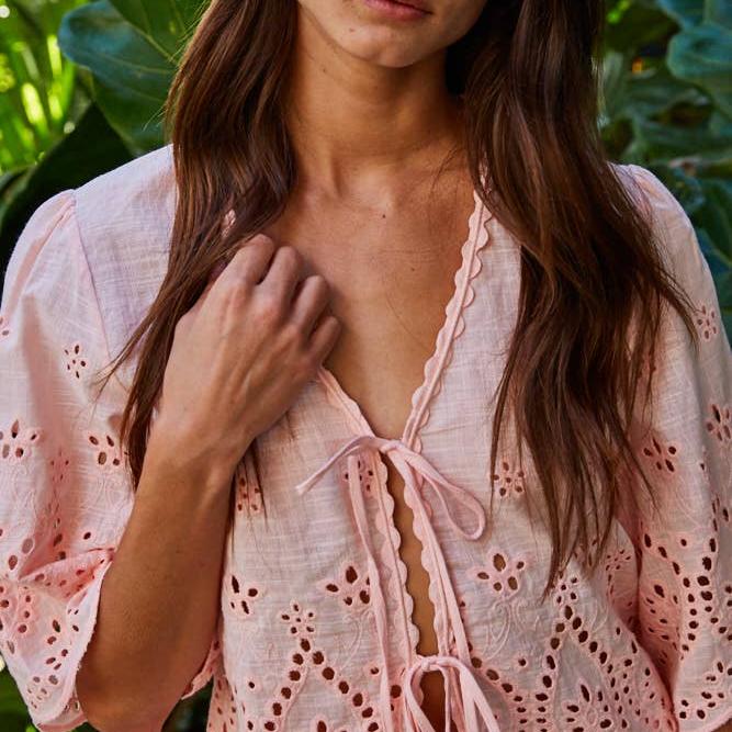 Woven Cotton Embroidered V-Neck Open Top