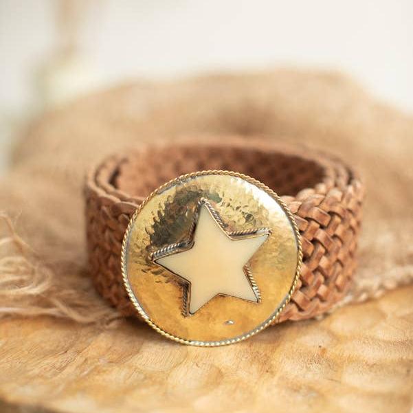 BROWN LEATHER BELT WIDE STAR
