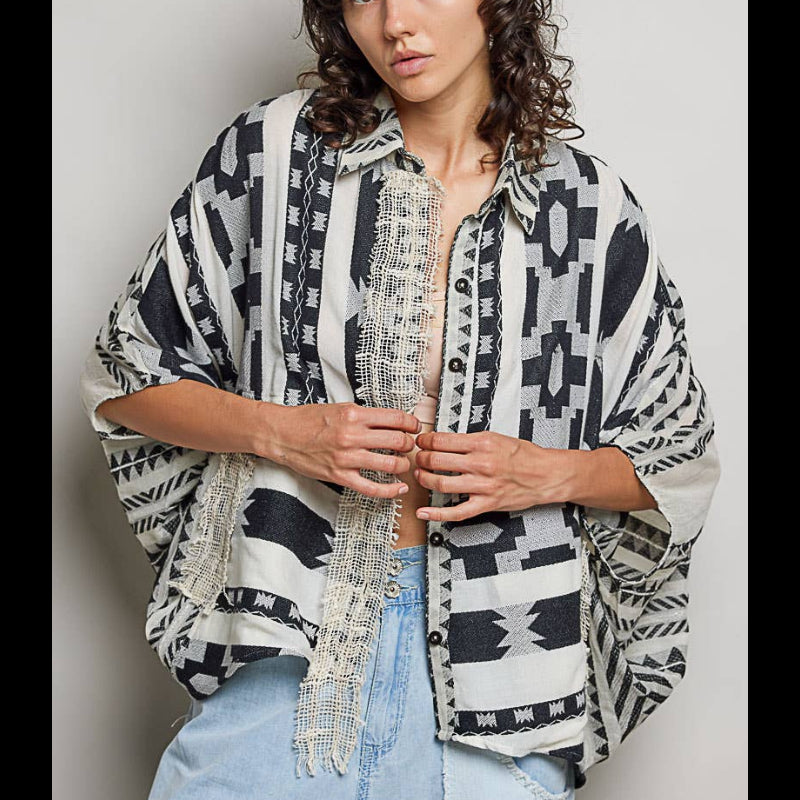 Raw Edge Paneled Oversized Button-Down Shirt