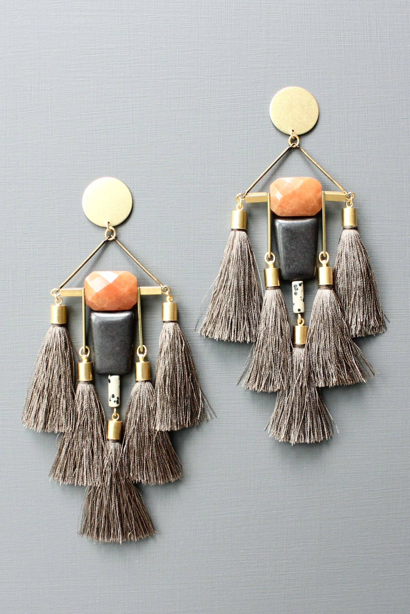 Carnelian jade and black shoulder duster tassel earrings