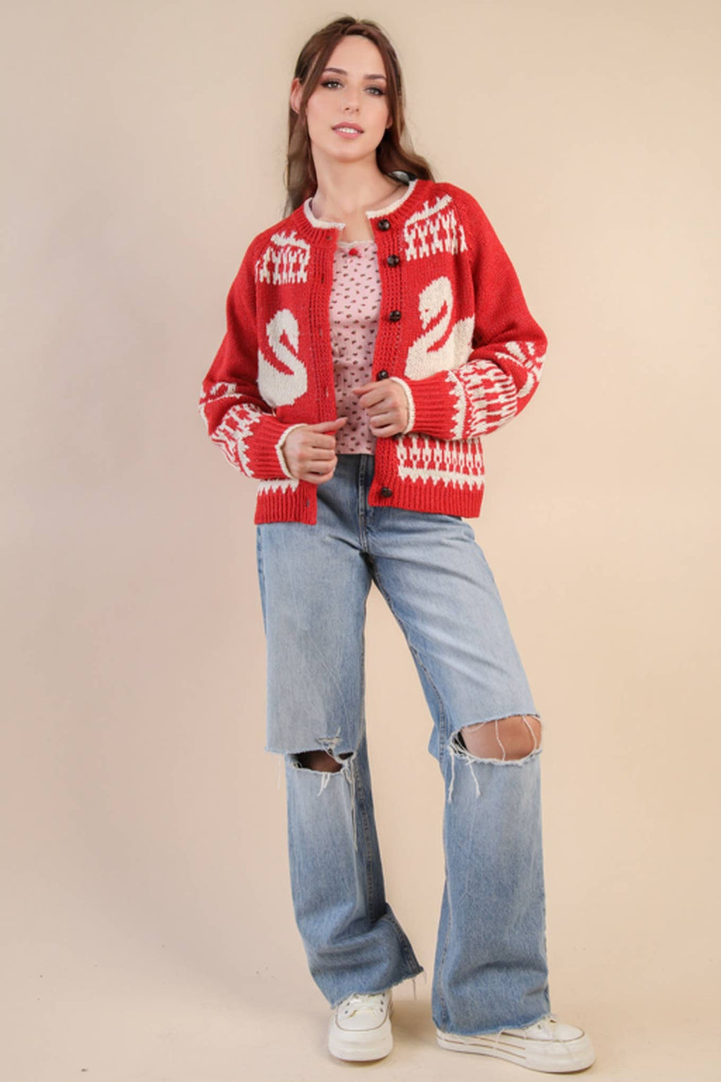 12W3463N-Oversized Graphic Casual Knit Sweater Cardigan