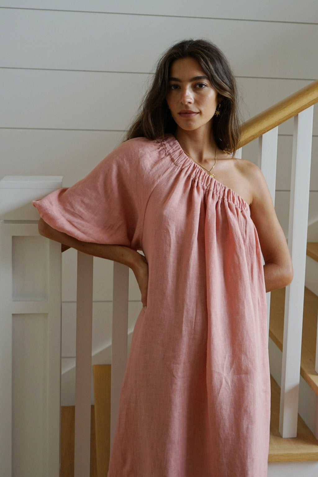 Milos Linen One-Shoulder Maxi Dress – Rose