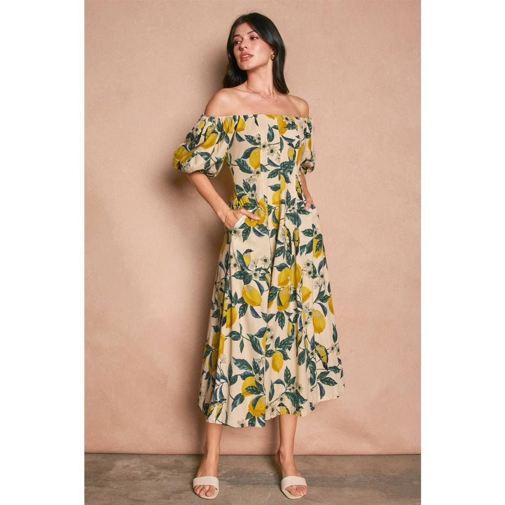 Lemon Print Off-the-Shoulder Puff Sleeve Midi Dress