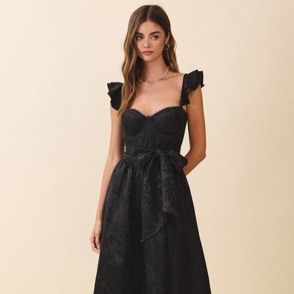 Jacquard Sweetheart Neck Ruffled Shoulder Dress