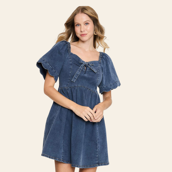 Denim Mini Dress with Scalloped Sleeves