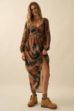 Abstract-Print Velvet-Trimmed V-Neck Maxi Dress