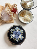 Floral Embroidered Round Jewelry Box With Mirror