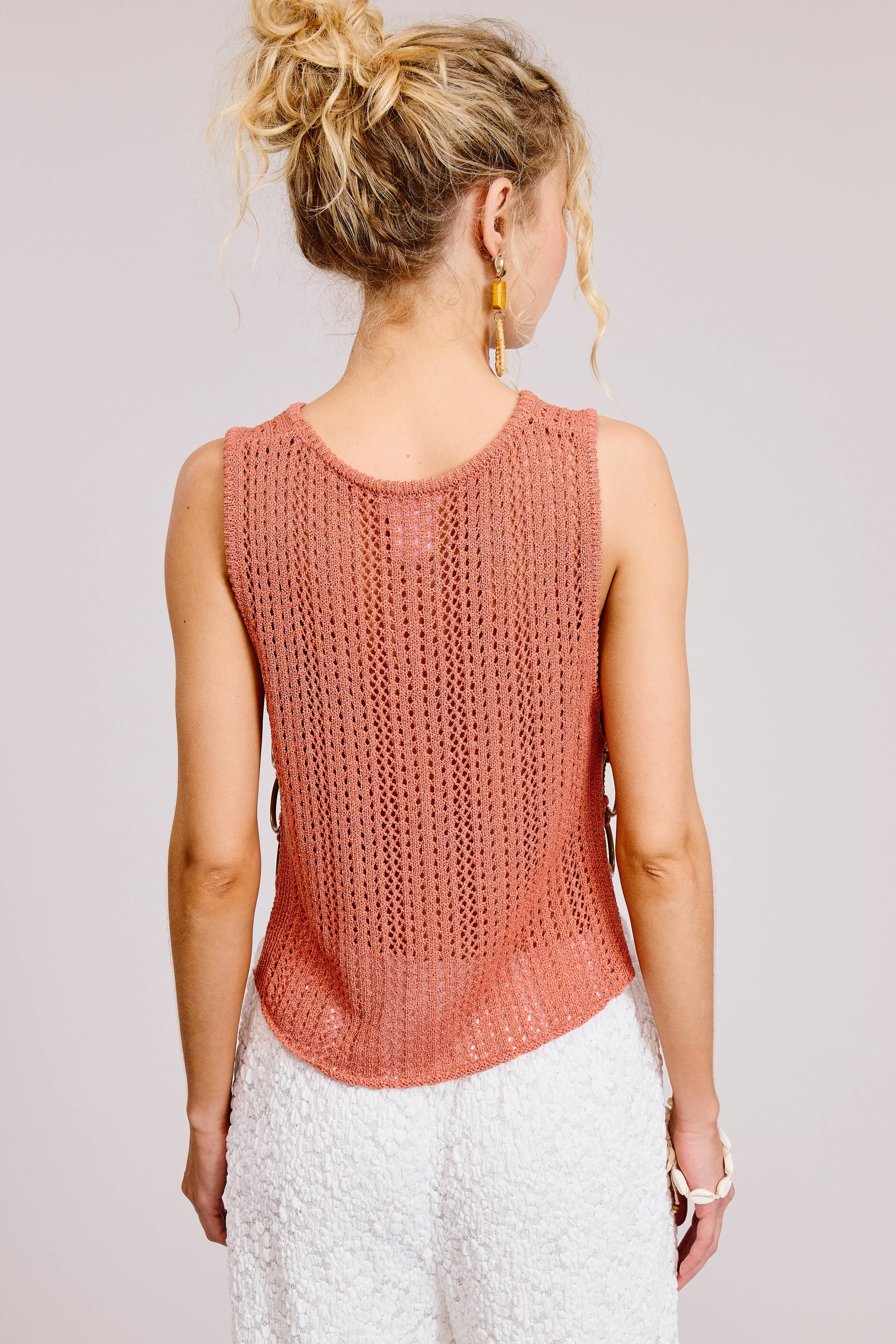 Crochet Knit Tank Top with Side O-Ring Detail