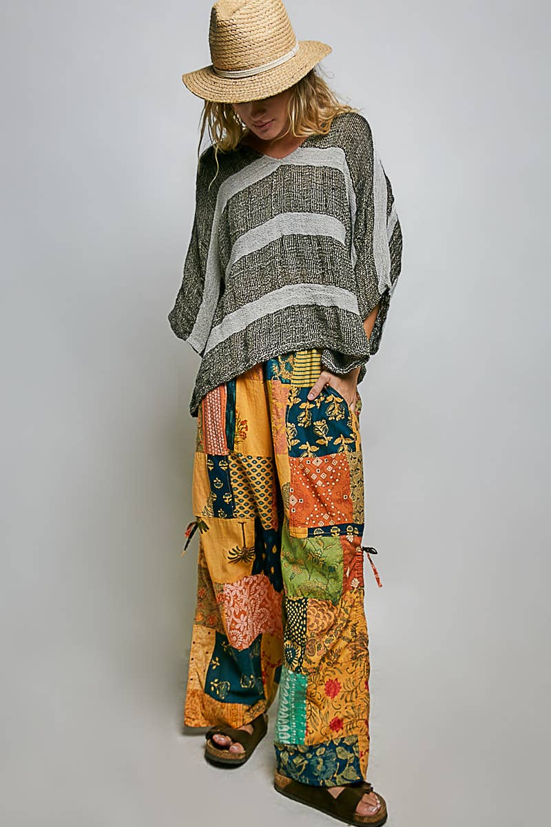 V Neck Short Sleeve Linen Stripe Pattern Woven Top