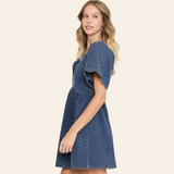 Denim Mini Dress with Scalloped Sleeves