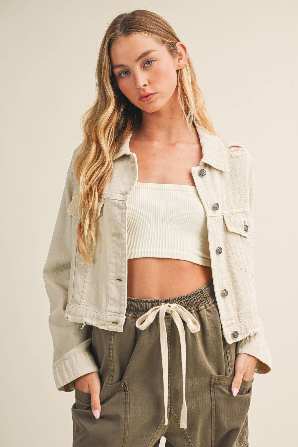 LIGHTWEIGHT DISTRESSED DENIM JACKET - BONE