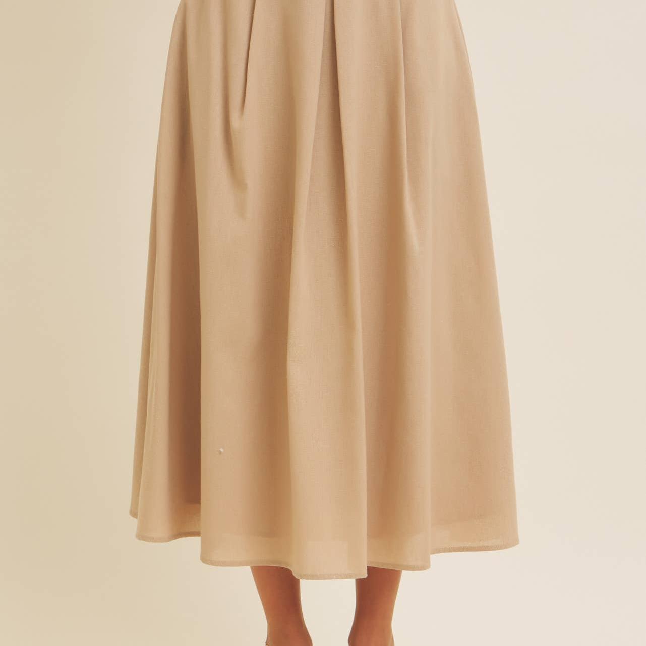 PLEATED MIDI SKIRT WITH POCKETS IN LINEN BLEND FABRIC