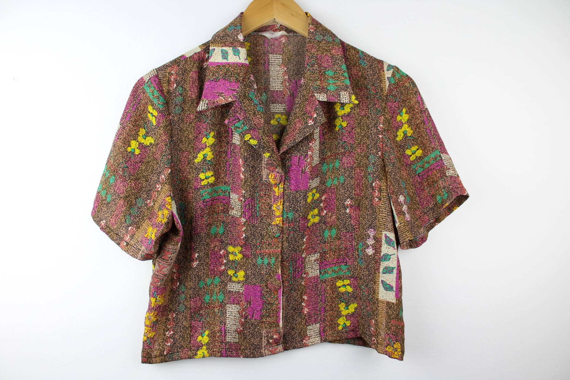 Reworked Vintage Short-Sleeve Button Up Blouse - Cropped