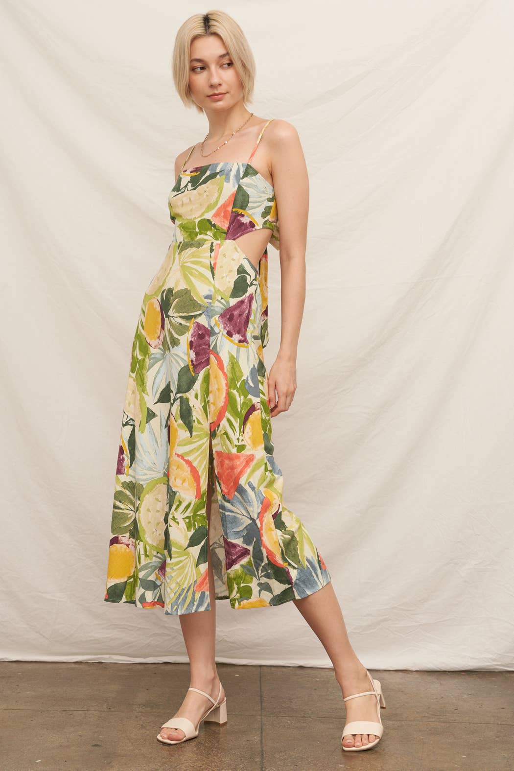 Tropical Fruit Print Sleeveless Midi Dress with Tie-Back