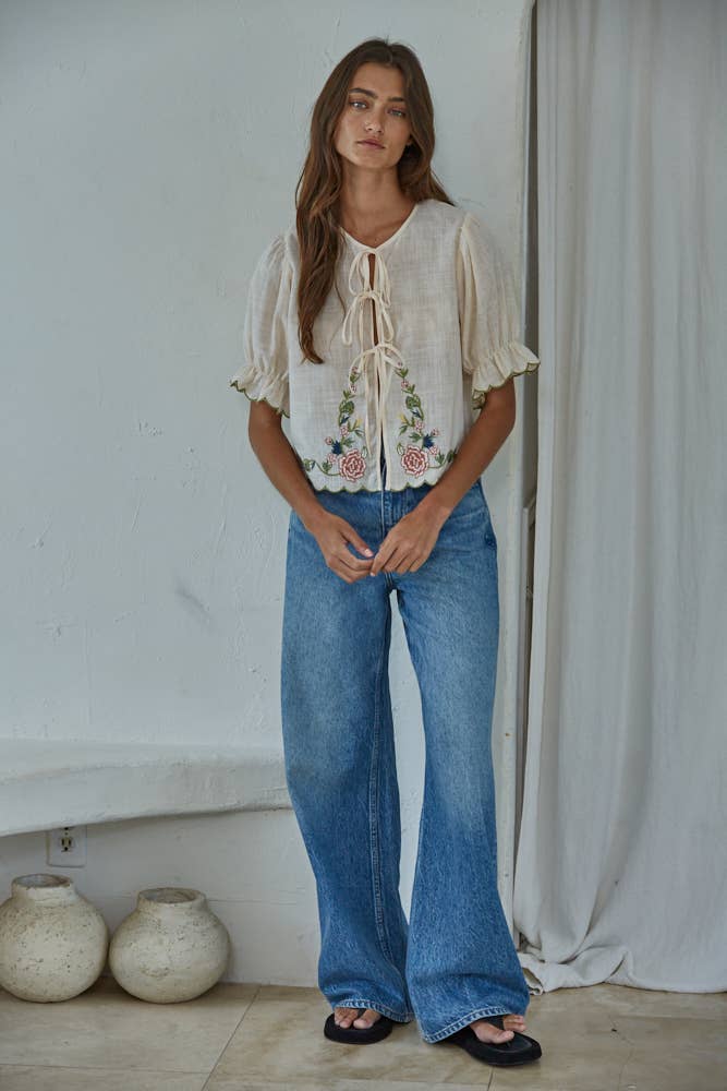 Woven Cotton Embroidered Open Front Tied Top