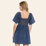 Denim Mini Dress with Scalloped Sleeves