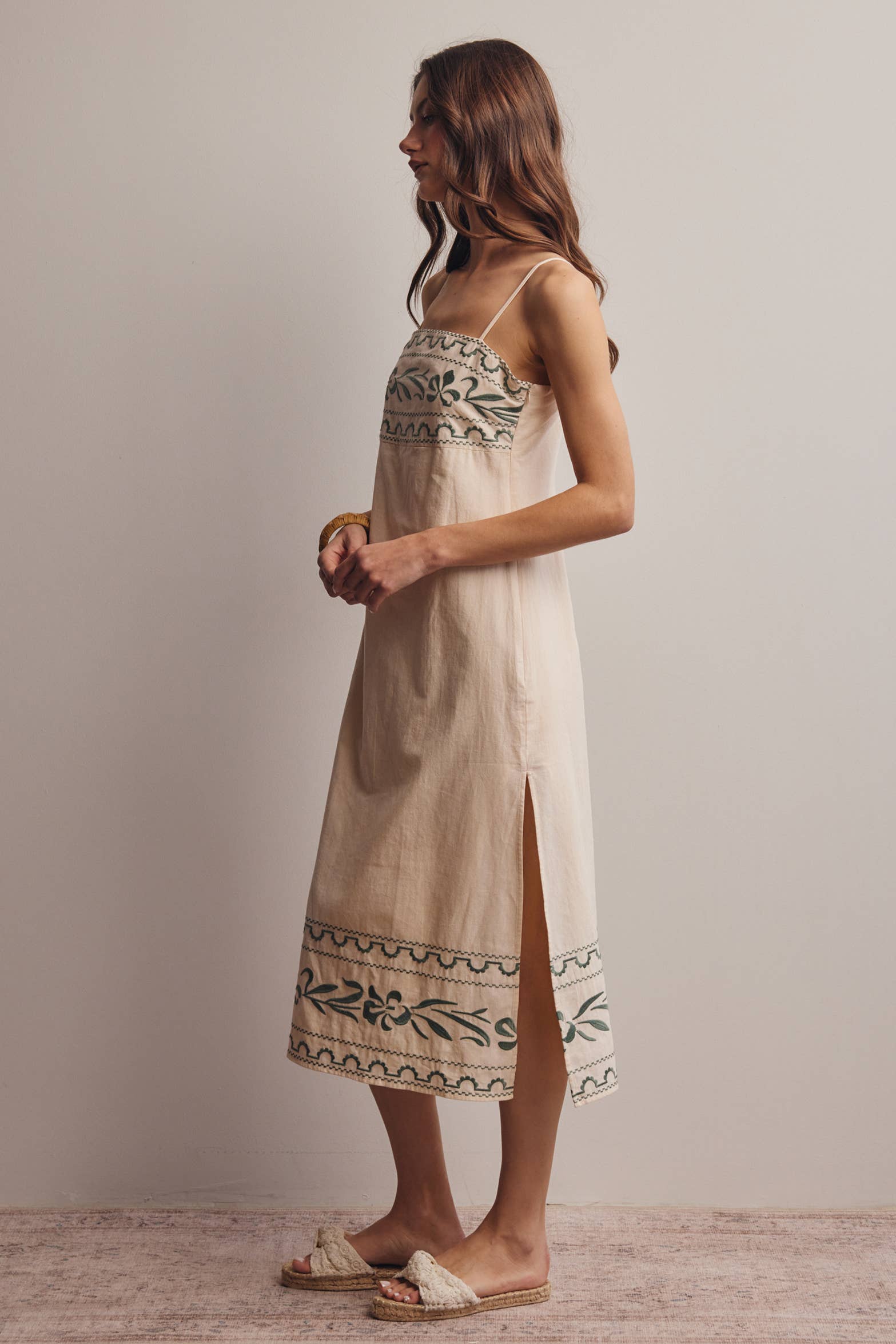 Embroidered Straight-Neck Cotton Midi Dress