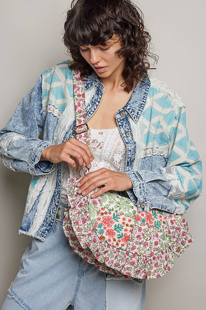 Half Moon Quilted Floral Ruffle Crossbody Bag
