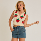 V-Neck Strawberry Pattern Crop Sweater Vest