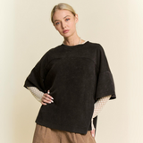 Washed Crew Neck Dropped Dolman Sleeves Top- black